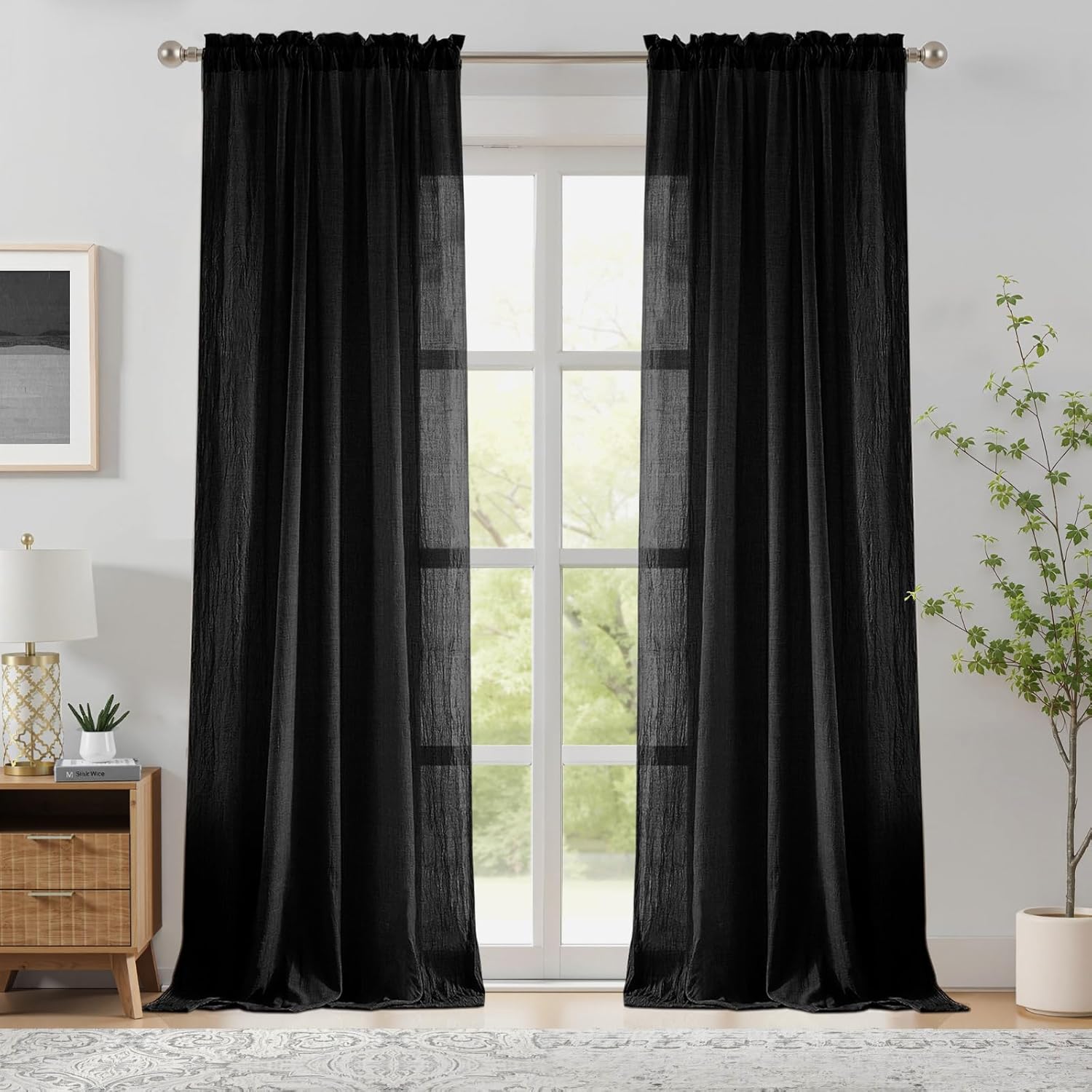 Linen Roller Blind - Black Sheer Curtains for Bedroom Living